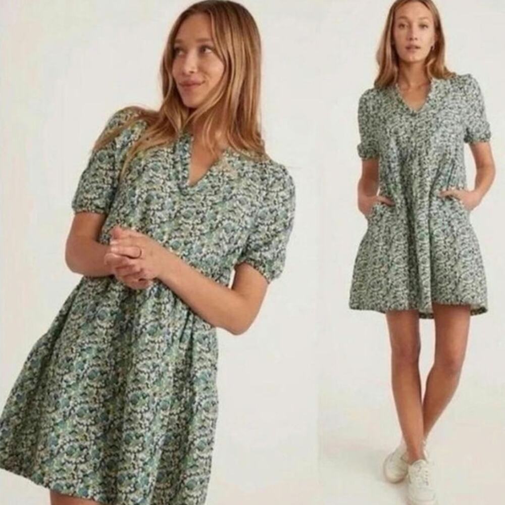 Marine Layer Jamie Babydoll Cotton Gauze Green Ditsy Floral Mini Dress Medium